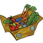 A ramride food ops box packed with fresh produce and shelf-stable food is shown with the top open